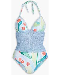 Charo Ruiz - Gwen Crocheted Lace-paneled Printed Halterneck Swimsuit - Lyst