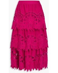 FARM Rio - Tiered Broderie Anglaise Cotton And Linen-blend Midi Skirt - Lyst