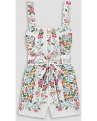 FARM Rio - Belted Shirred Floral-print Linen-blend Playsuit - Lyst