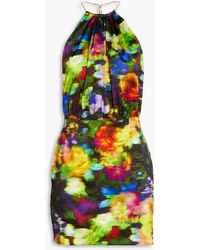 retroféte - Anahita Printed Silk-blend Satin Halterneck Mini Dress - Lyst