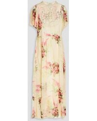 RED Valentino - Macrame Lace-paneled Floral-print Silk-chiffon Midi Dress - Lyst