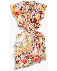 Zimmermann - Minikleid aus einer leinen-seidenmischung in patchwork-optik mit floralem print, rüschen und cut-outs - Lyst