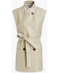 Brunello Cucinelli - Double-breasted Belted Satin-trimmed Embellished Linen-twill Vest - Lyst