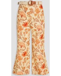 Zimmermann - Cropped Belted Floral-print Linen-gauze Flared Pants - Lyst
