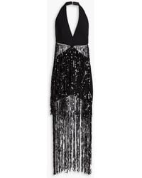 Rasario - Cutout Sequin-embellished Fringed Crepe Halterneck Midi Dress - Lyst