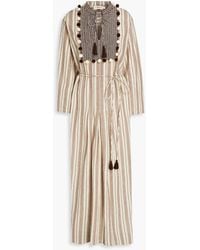 Tory Burch - Pompom-embellished Striped Cotton And Linen-blend Kaftan - Lyst