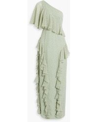 Mikael Aghal - Bedruckte robe aus chiffon mit rüschen und asymmetrischer schulterpartie - Lyst