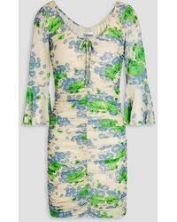 Ganni - Ruched Floral-print Mesh Mini Dress - Lyst