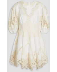 Zimmermann - Crocheted Lace-paneled Linen Mini Dress - Lyst