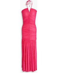 Ganni - Ruched Textured-knit Halterneck Maxi Dress - Lyst
