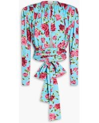 Magda Butrym - Cropped Floral-print Stretch-silk Wrap Blouse - Lyst