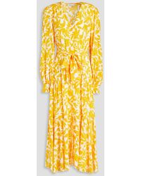 Rebecca Vallance - Gathered Floral-print Silk Midi Dress - Lyst