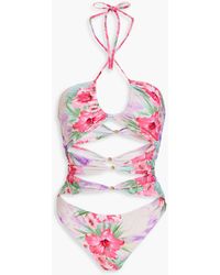 Maje - Cutout Knotted Floral-print Halterneck Bandeau Swimsuit - Lyst