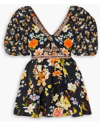 CAMILLA - Crystal-embellished Cutout Floral-print Linen And Silk-blend Mini Dress - Lyst