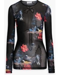 Ganni - Ruched Floral-Print Stretch-Mesh Top - Lyst