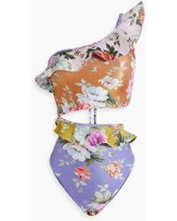 Zimmermann - Pattie badeanzug mit asymmetrischer schulterpartie, floralem print und rüschen - Lyst