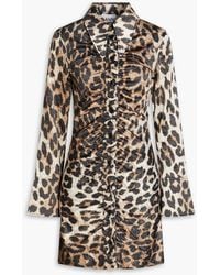 Ganni - Ruched Leopard-print Satin Mini Shirt Dress - Lyst