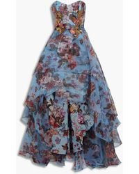 Marchesa - Strapless Embellished Floral-print Organza Gown - Lyst