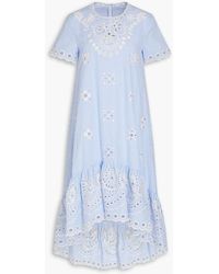RED Valentino - Striped Broderie Anglaise Cotton Midi Dress - Lyst