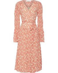 Diane von Furstenberg Ani Pleated Printed Chiffon Midi Wrap Dress Beige - Natural