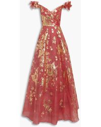 Marchesa - Off-the-shoulder Floral-appliquéd Printed Organza Gown - Lyst