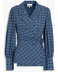 Ganni - Gathered Checked Stretch-seacell Wrap Blouse - Lyst