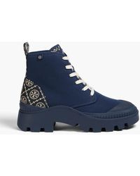 Tory Burch - T Monogram Lace-up Logo-print Canvas Ankle Boots - Lyst