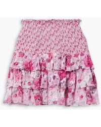 LoveShackFancy - Indigo Shirred Floral-print Fil Coupé Silk And Cotton-blend Crepon Mini Skirt - Lyst