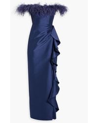 Badgley Mischka - Off-the-shoulder Feather-trimmed Ruffled Faille Gown - Lyst