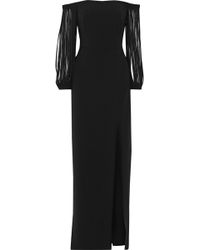 Halston Off-the-shoulder Fringed Crepe Gown Black
