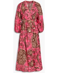 Zimmermann Lulu Belted Printed Linen Midi Dress - Pink