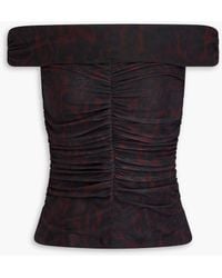 Ganni - Off-The-Shoulder Ruched Leopard-Print Mesh Top - Lyst