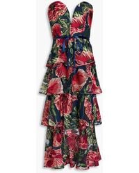 Marchesa - Strapless Tiered Embroidered Tulle Midi Dress - Lyst
