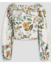 FARM Rio - Cropped Lace-paneled Floral-print Cotton-mousseline Top - Lyst