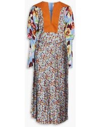 Victoria Beckham - Pleated Faux Suede-trimmed Floral-print Crepe Midi Dress - Lyst