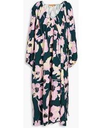 Stine Goya - Heather Ruched Floral-print Crepe Midi Dress - Lyst