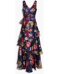 Marchesa - Gestufte robe aus organza mit floralem print und stickereien - Lyst