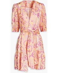 Sandro - Gathered Floral-print Silk-twill Mini Wrap Dress - Lyst