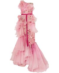 Marchesa Strapless Corset-bodice 3-d Rose Silk Organza Mermaid Evening Gown - Pink