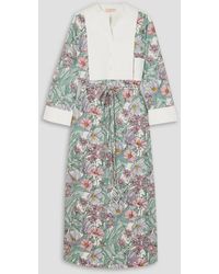 Tory Burch - Belted Floral-print Cotton-poplin And Jacquard Dress - Lyst