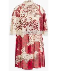 RED Valentino - Lace-trimmed Printed Chiffon Mini Dress - Lyst