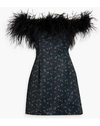 HVN - Sadie Off-the-shoulder Feather-trimmed Floral-print Satin Mini Dress - Lyst