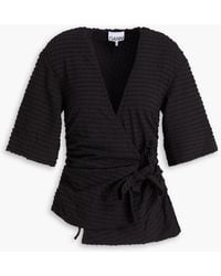 Ganni - Ruched Stretch-seersucker Wrap Top - Lyst