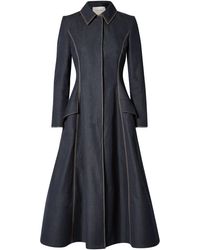 Carolina Herrera Flared Embroidered Denim Coat Dark Denim - Blue