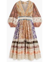 Zimmermann - Crochet-trimmed Patchwork Paisley-print Linen Midi Dress - Lyst