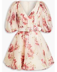 Zimmermann - Belted Floral-print Silk And Linen-blend Mini Dress - Lyst