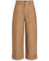 Ganni - Cropped Pleated Cotton And Linen-blend Straight-leg Pants - Lyst