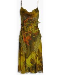 Alberta Ferretti - Guipure Lace-trimmed Draped Printed Silk-chiffon Midi Dress - Lyst