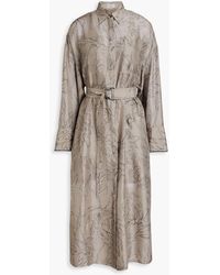 Brunello Cucinelli - Belted Printed Silk Maxi Shirt Dress - Lyst