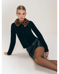 Reformation - Hannah Crew Cardigan Leopard Faux Fur Collar Wool - Lyst